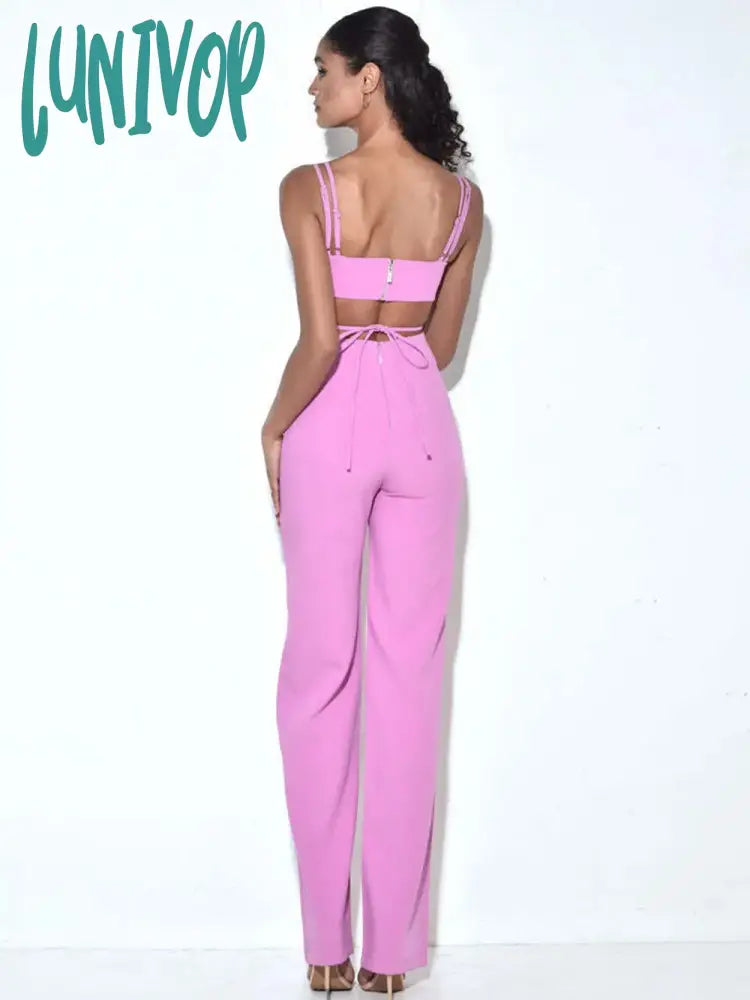 Lunivop Newest Women Summer Style Sexy V Neck Hollow Out Pink Bodycon Bandage Jumpsuit High Street