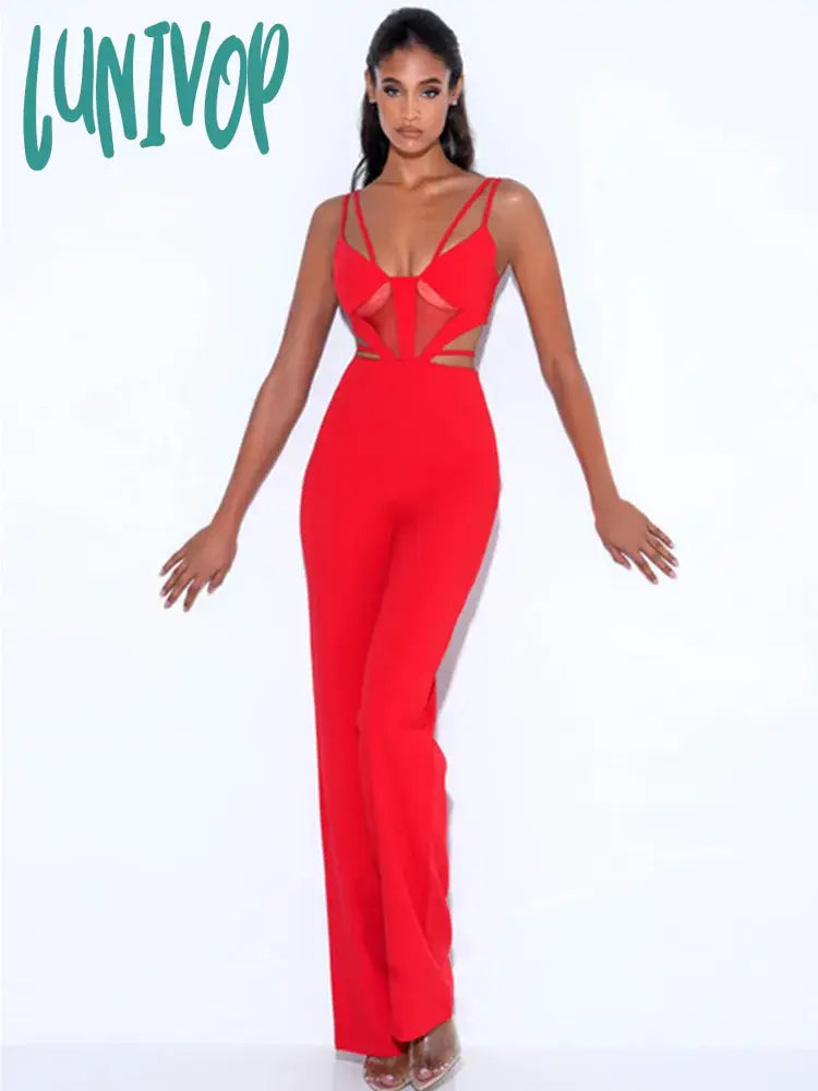 Lunivop Newest Women Summer Style Sexy V Neck Hollow Out Pink Bodycon Bandage Jumpsuit High Street