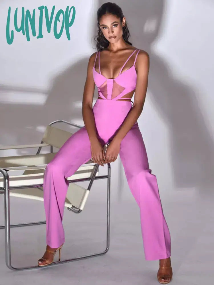 Lunivop Newest Women Summer Style Sexy V Neck Hollow Out Pink Bodycon Bandage Jumpsuit High Street