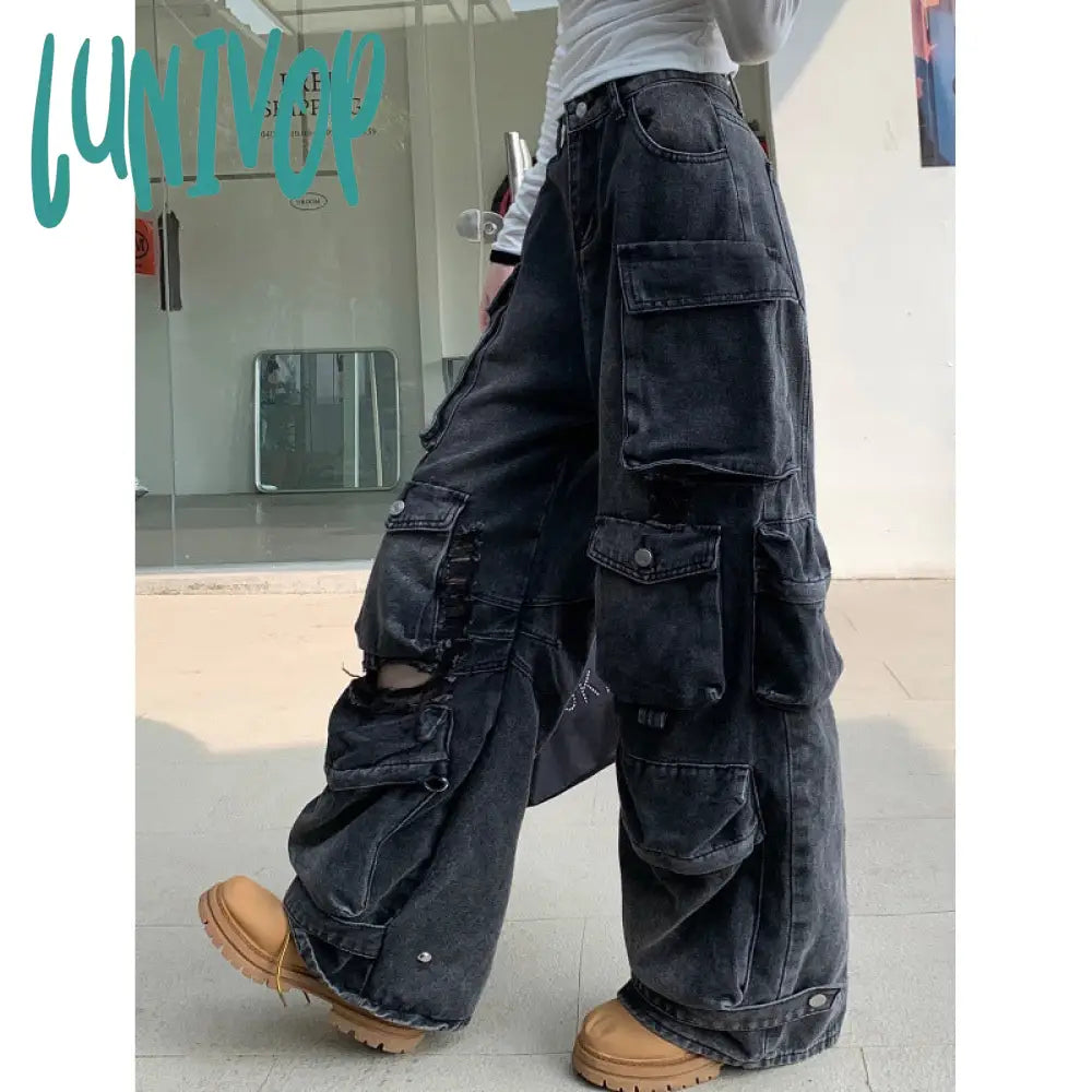 non binary outfits American-Style Washed Worn Multi-Pocket Workwear Jeans Women's Street Straight Loose Wide-Leg Trousers