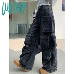 non binary outfits American-Style Washed Worn Multi-Pocket Workwear Jeans Women's Street Straight Loose Wide-Leg Trousers