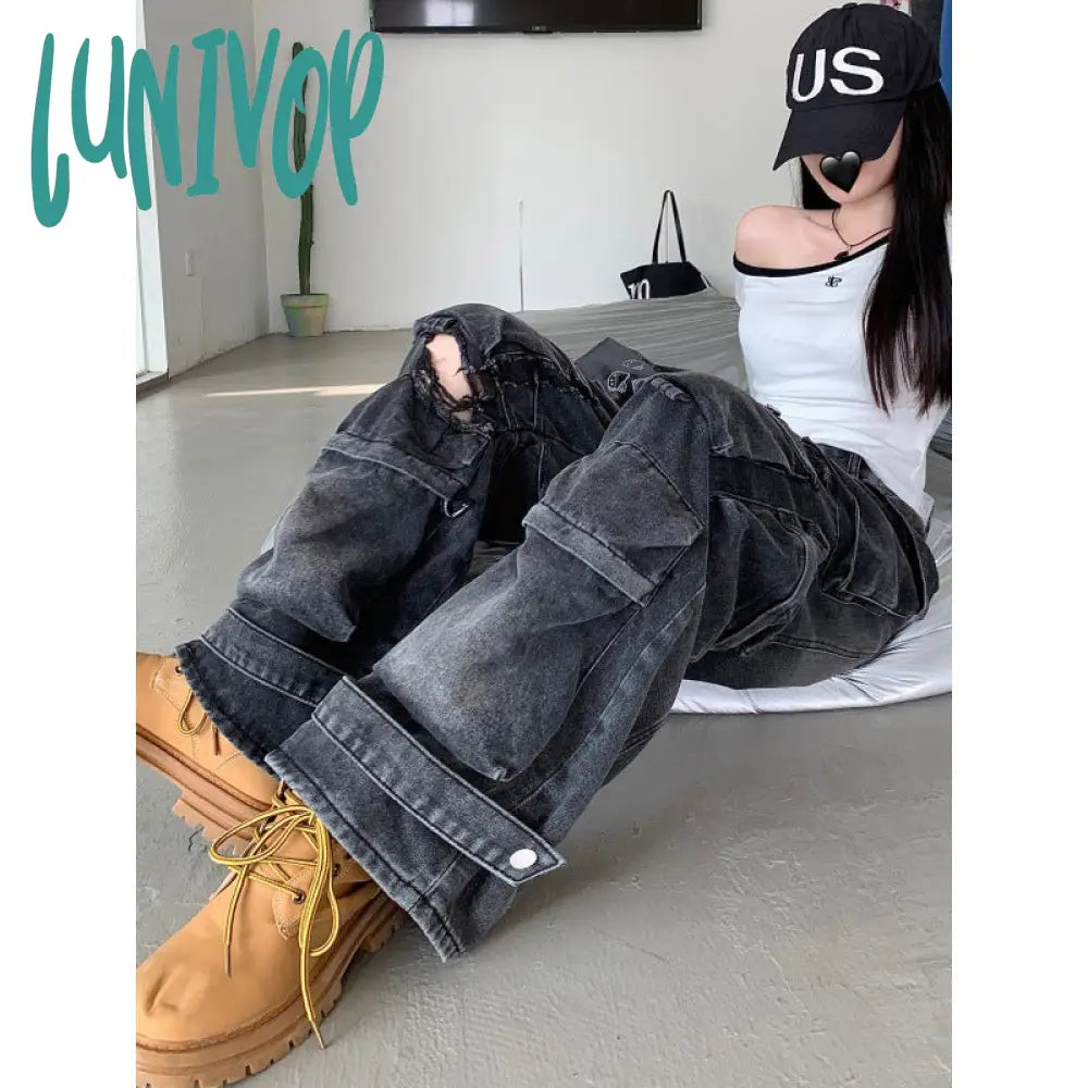 non binary outfits American-Style Washed Worn Multi-Pocket Workwear Jeans Women's Street Straight Loose Wide-Leg Trousers