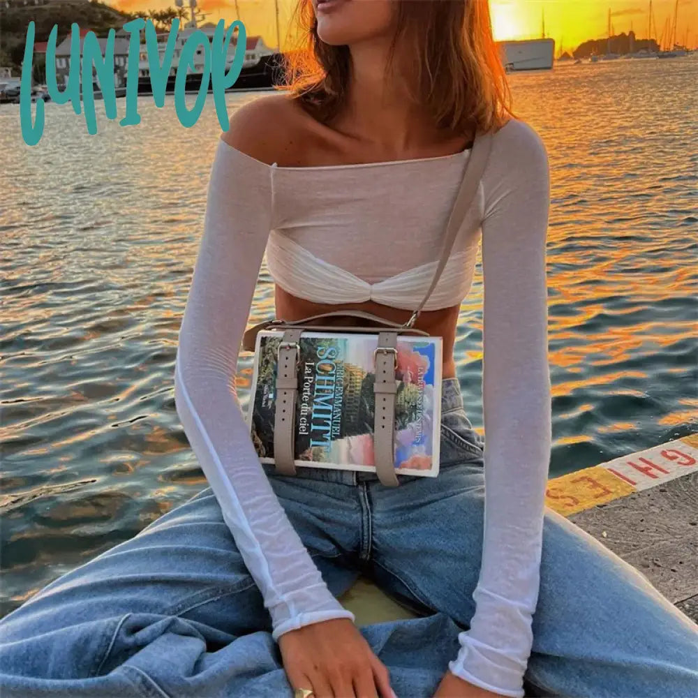 Lunivop Off Shoulder Knit Sheer Tops For Women Summer White Lace Twist T-Shirt Femme Long Sleeve