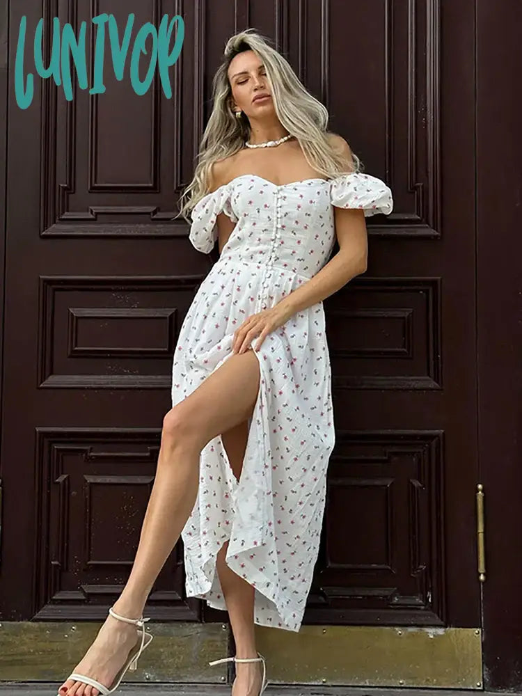 Lunivop Off-Shoulder Print Fashion Split Slim Dress Women’s Summer Sleeveless High Waist Backless