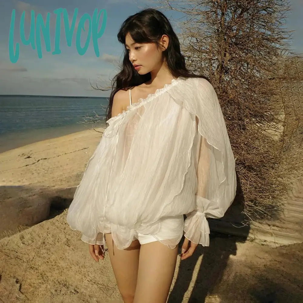 Lunivop Off Shoulder See Through Long Sleeve T Shirt Women Sexy Mesh Lace Up Flare White Loose