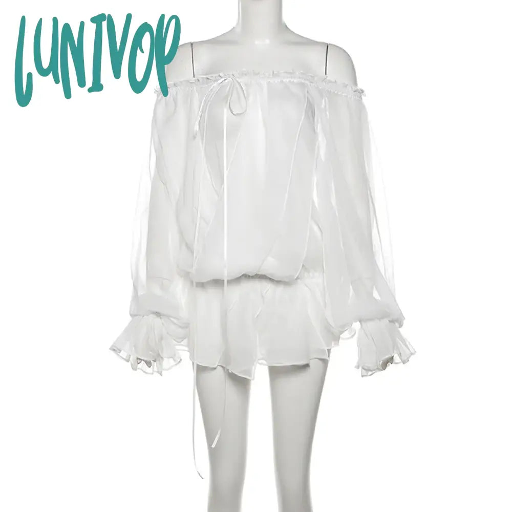 Lunivop Off Shoulder See Through Long Sleeve T Shirt Women Sexy Mesh Lace Up Flare White Loose