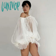Lunivop Off Shoulder See Through Long Sleeve T Shirt Women Sexy Mesh Lace Up Flare White Loose