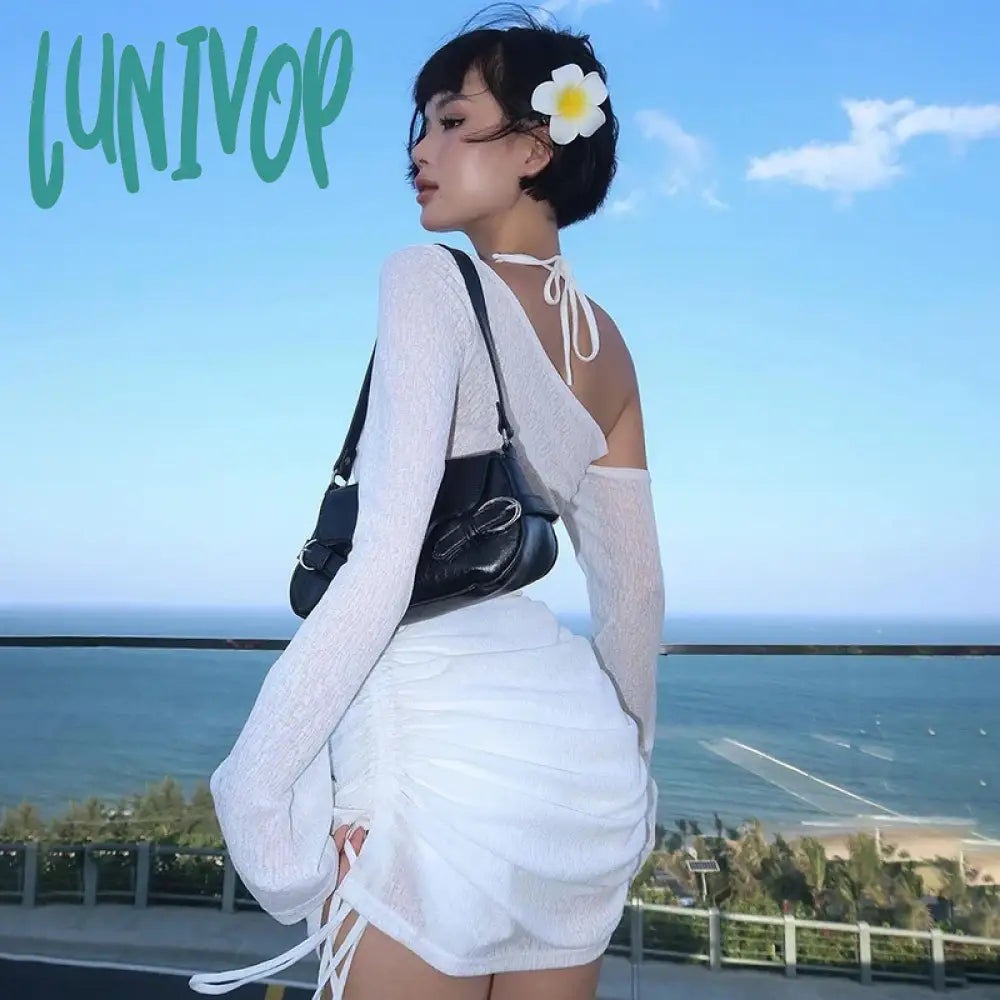 Lunivop Off-Shoulder Sexy See-Through Drawstring Dress For Women Long Sleeve Solid Summer Hot Girl