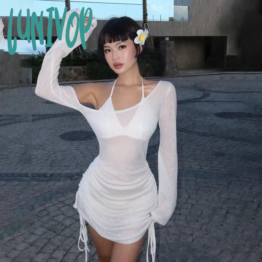 Lunivop Off-Shoulder Sexy See-Through Drawstring Dress For Women Long Sleeve Solid Summer Hot Girl