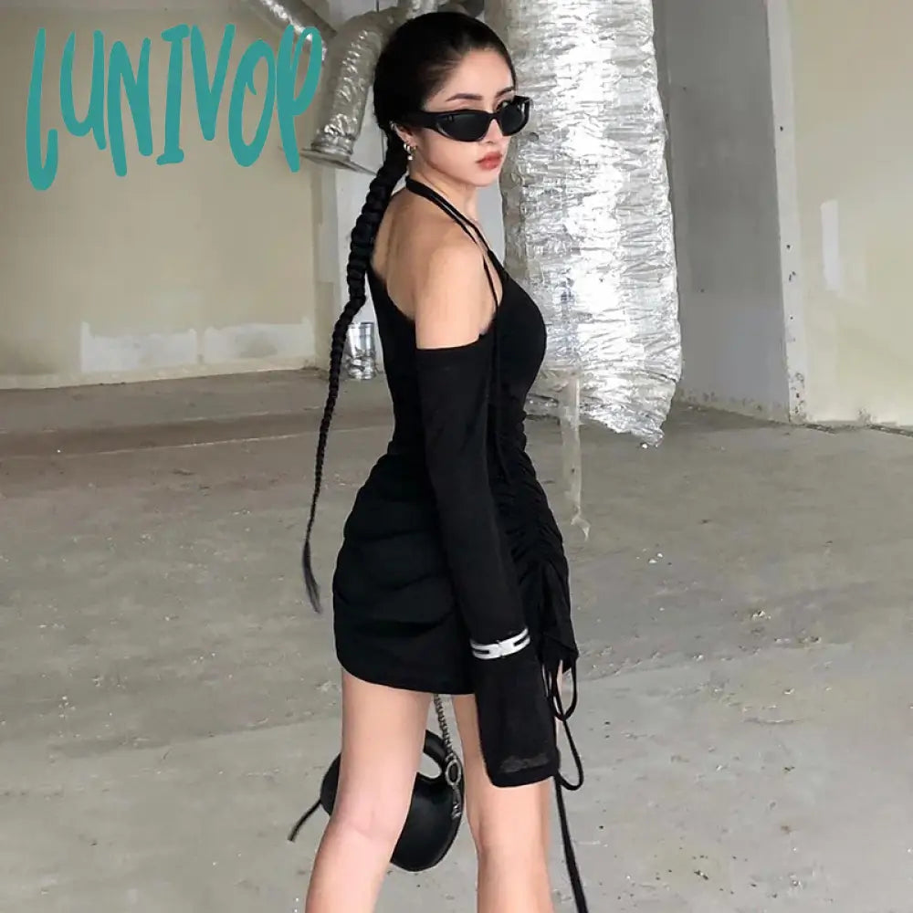 Lunivop Off-Shoulder Sexy See-Through Drawstring Dress For Women Long Sleeve Solid Summer Hot Girl