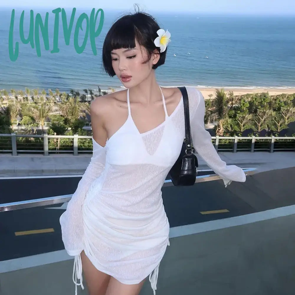 Lunivop Off-Shoulder Sexy See-Through Drawstring Dress For Women Long Sleeve Solid Summer Hot Girl