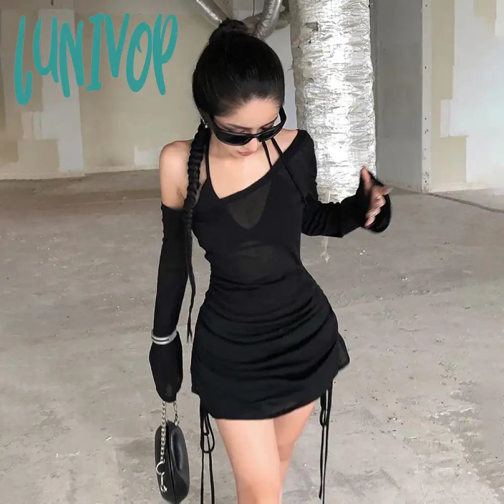 Lunivop Off-Shoulder Sexy See-Through Drawstring Dress For Women Long Sleeve Solid Summer Hot Girl