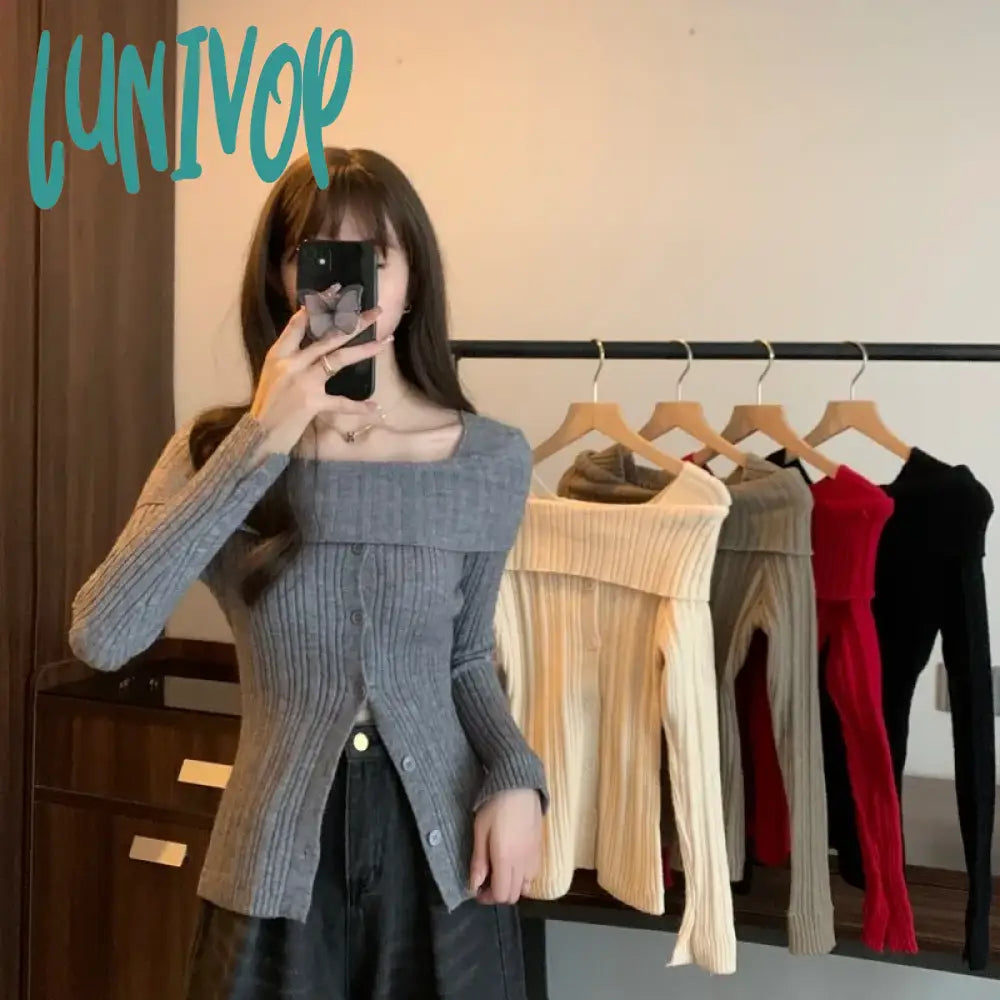 Lunivop Off Shoulder Sweater Women Autumn New Sweet Knitted Cardigan Elegant Sexy Long Sleeve