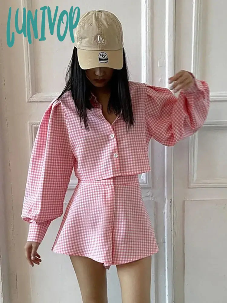 Lunivop Ol Outfits Womens Two Piece Set Plaid Long Sleeve Shirts High Wasit Wide Legs Shorts