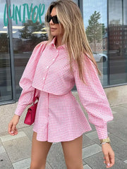 Lunivop Ol Outfits Womens Two Piece Set Plaid Long Sleeve Shirts High Wasit Wide Legs Shorts