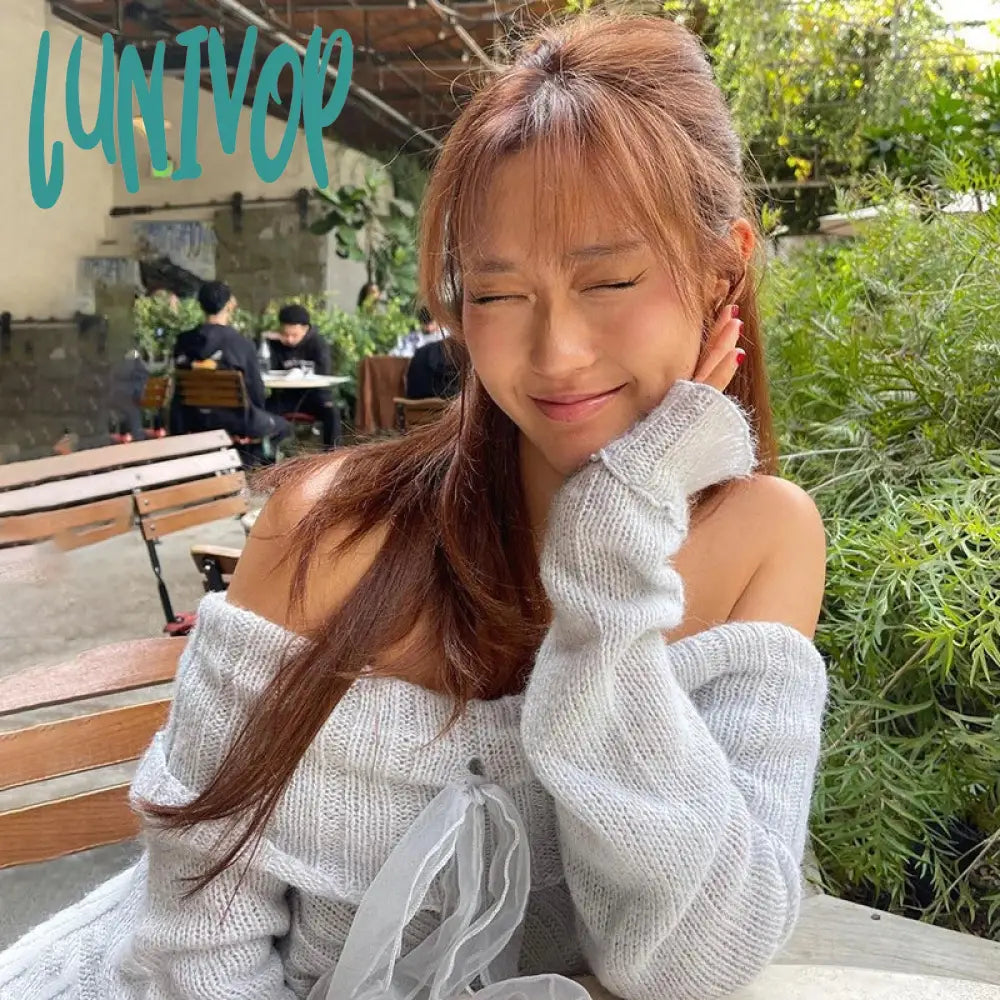 Lunivop One-Shoulder Knitted Sweaters Pullover For Women Summer Sexy See Through Irregular Knitwear