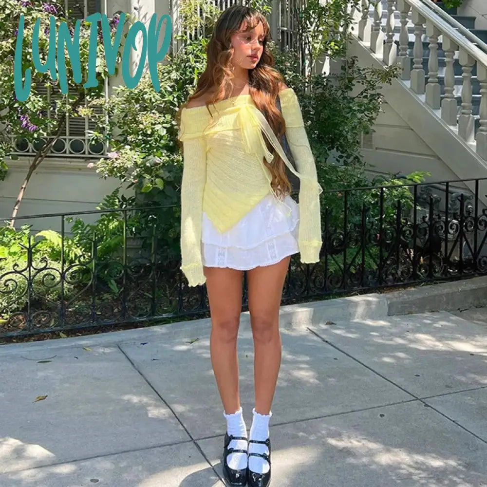 Lunivop One-Shoulder Knitted Sweaters Pullover For Women Summer Sexy See Through Irregular Knitwear