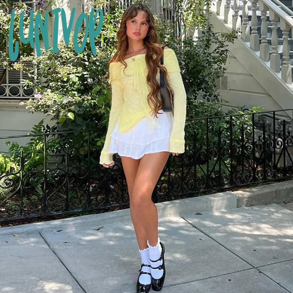 Lunivop One-Shoulder Knitted Sweaters Pullover For Women Summer Sexy See Through Irregular Knitwear