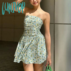 Lunivop One-Shoulder Slim Strapless Print Dress For Women High Waisted Sleeveless Backless Fashion