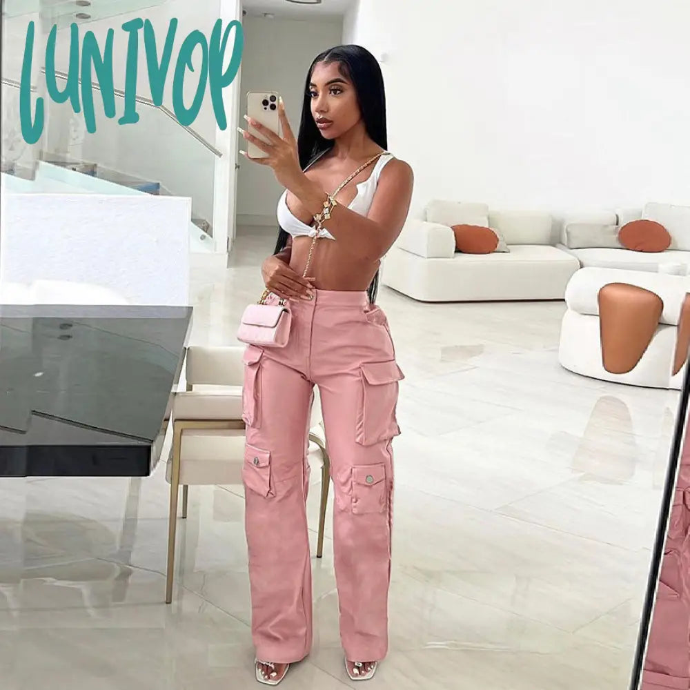 outfit inspo 2024 Women's Tooling Pu Imitation Leather Pocket High Waist Loose Straight Casual Trousers