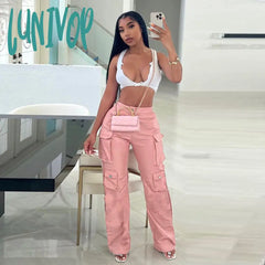 outfit inspo 2024 Women's Tooling Pu Imitation Leather Pocket High Waist Loose Straight Casual Trousers