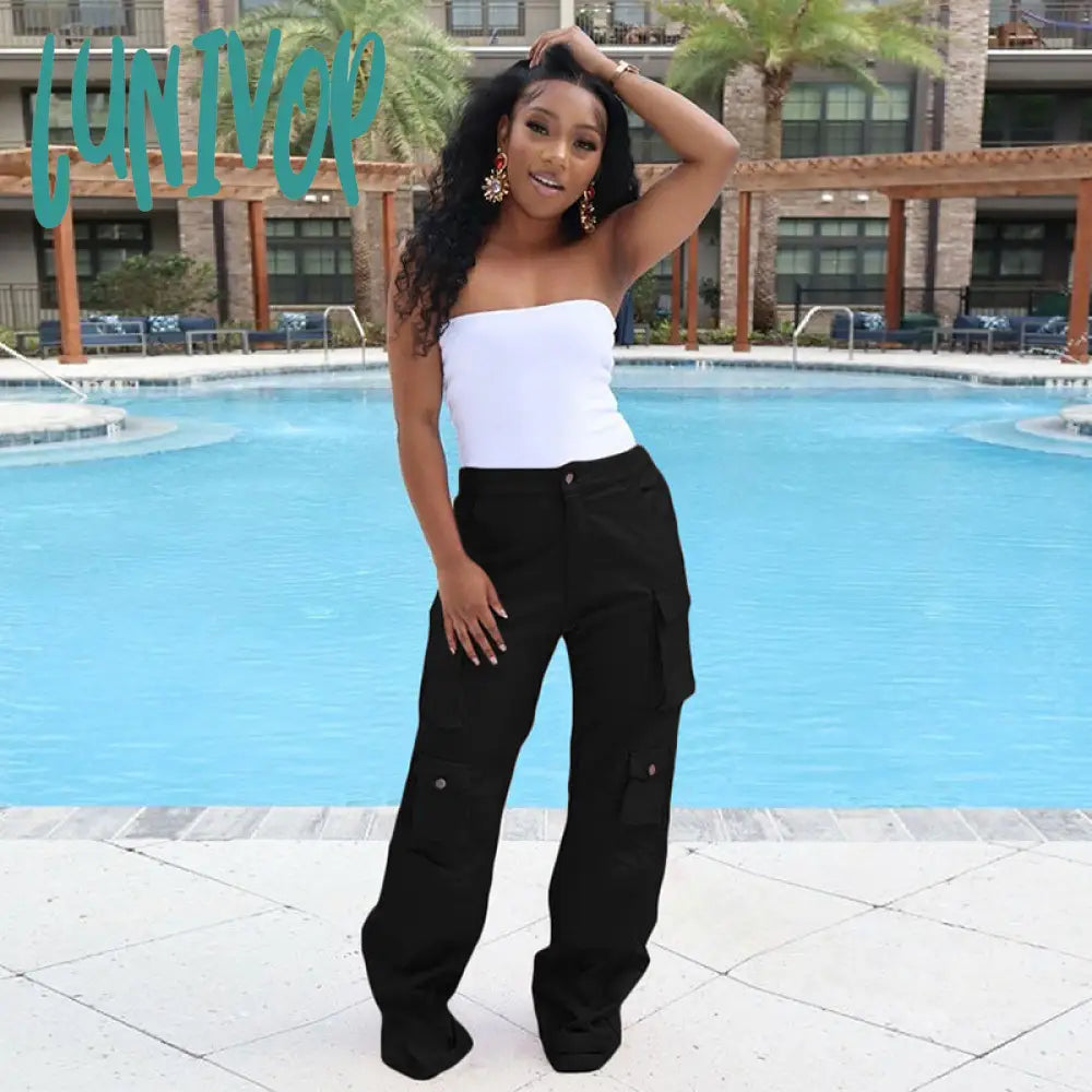 outfit inspo 2024 Women's Tooling Pu Imitation Leather Pocket High Waist Loose Straight Casual Trousers