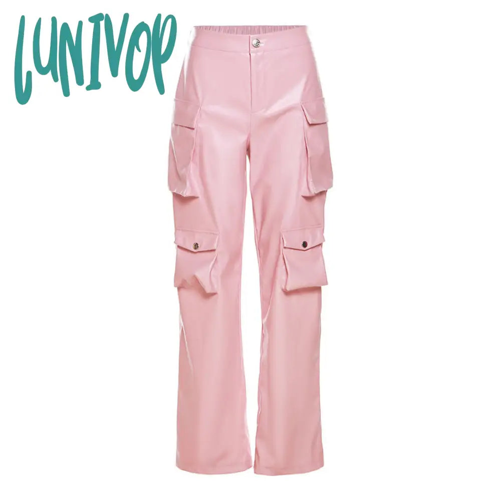 outfit inspo 2024 Women's Tooling Pu Imitation Leather Pocket High Waist Loose Straight Casual Trousers