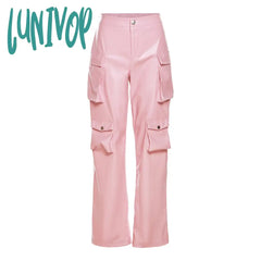 outfit inspo 2024 Women's Tooling Pu Imitation Leather Pocket High Waist Loose Straight Casual Trousers