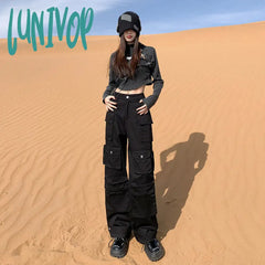 outfit inspo American-Style Black Straight Overalls Women's Autumn New Multi-Pocket Trendy Design Wide Leg Loose Slimming Long Pants