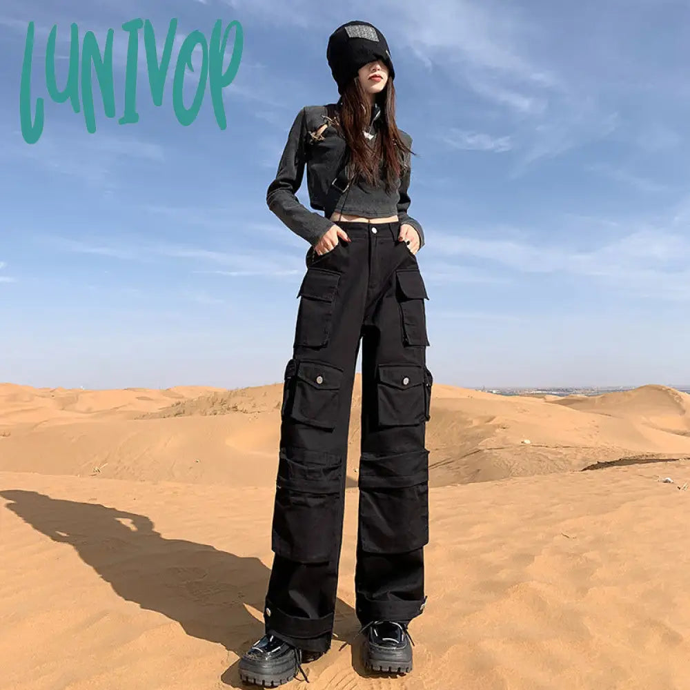 outfit inspo American-Style Black Straight Overalls Women's Autumn New Multi-Pocket Trendy Design Wide Leg Loose Slimming Long Pants