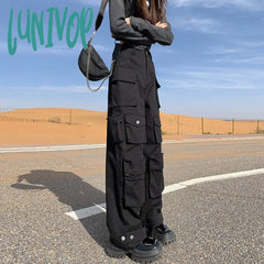 outfit inspo American-Style Black Straight Overalls Women's Autumn New Multi-Pocket Trendy Design Wide Leg Loose Slimming Long Pants