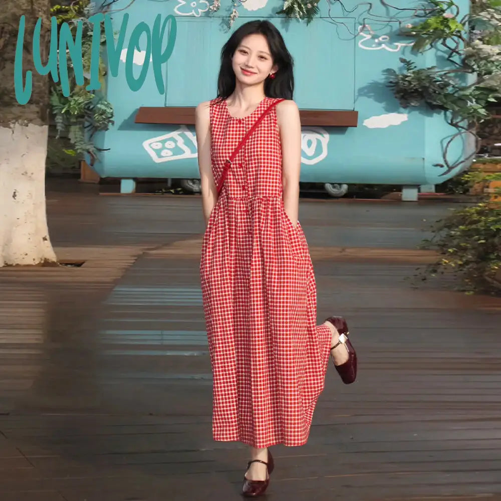 outfit inspo Retro Red Plaid Vest Dress New Summer Sweet Seaside Holiday Dress for Women