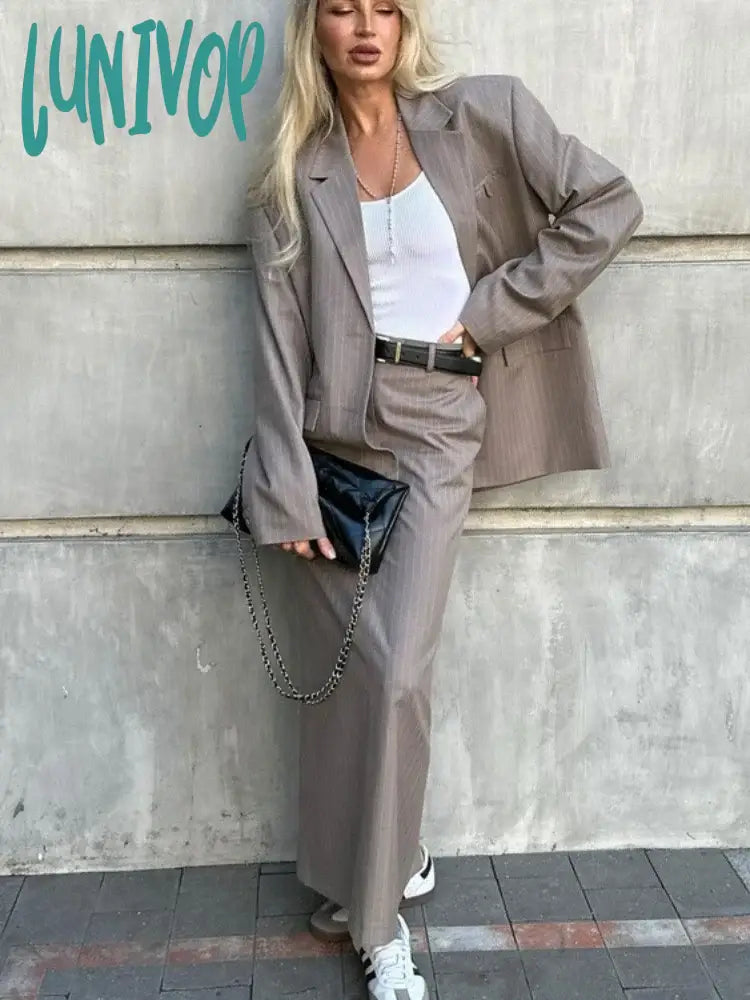 Lunivop Oversized Blazer Suits For Women Loose Slit High Waist Skirts Femme New Street Casual