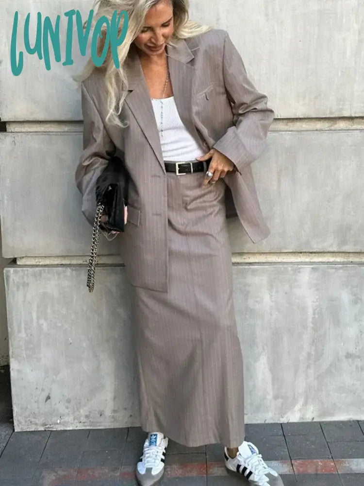 Lunivop Oversized Blazer Suits For Women Loose Slit High Waist Skirts Femme New Street Casual