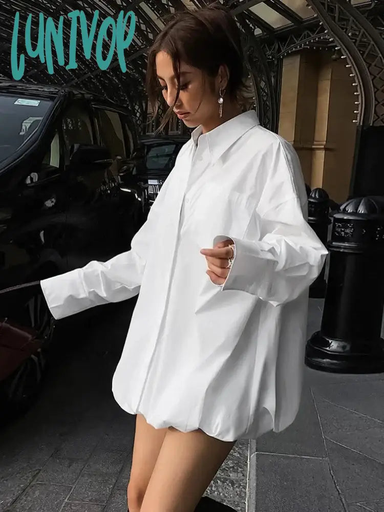 Lunivop Oversized Shirts Dress Women 2024 New Fashion Baggy Turn Collar Cover-Up Femme Casual Loose