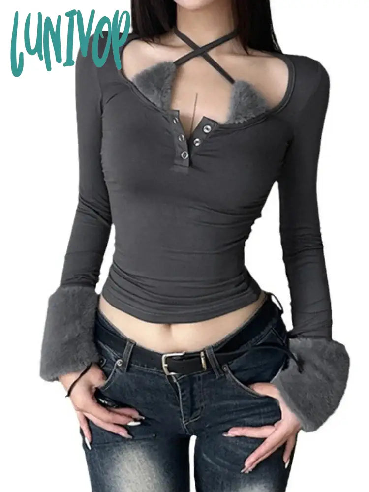 Lunivop Personality Patchwork Fluffy Bandage Crop Top Vintage Y2K Aesthetic Square Collar Button