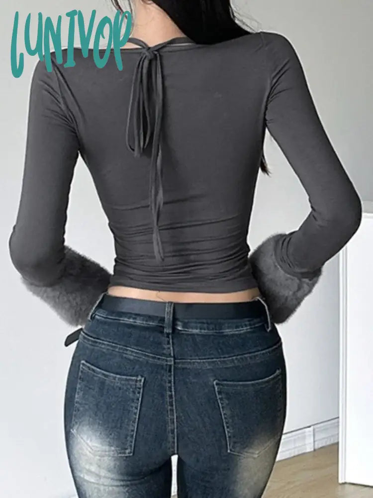 Lunivop Personality Patchwork Fluffy Bandage Crop Top Vintage Y2K Aesthetic Square Collar Button
