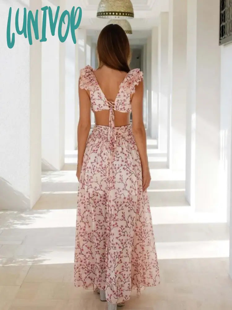 Lunivop Pink Floral Printed Maxi Dress 2024 Spring Summer New Deep V-Neck Sleeveless Backless Split