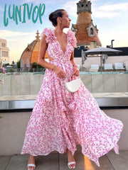 Lunivop Pink Floral Printed Maxi Dress 2024 Spring Summer New Deep V-Neck Sleeveless Backless Split