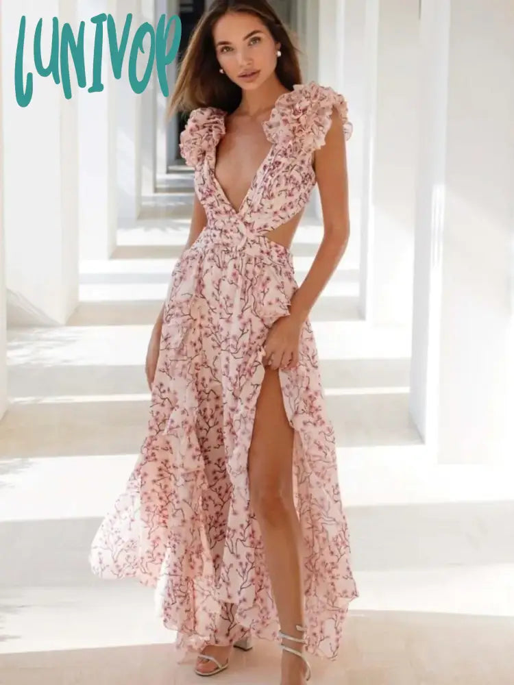 Lunivop Pink Floral Printed Maxi Dress 2024 Spring Summer New Deep V-Neck Sleeveless Backless Split