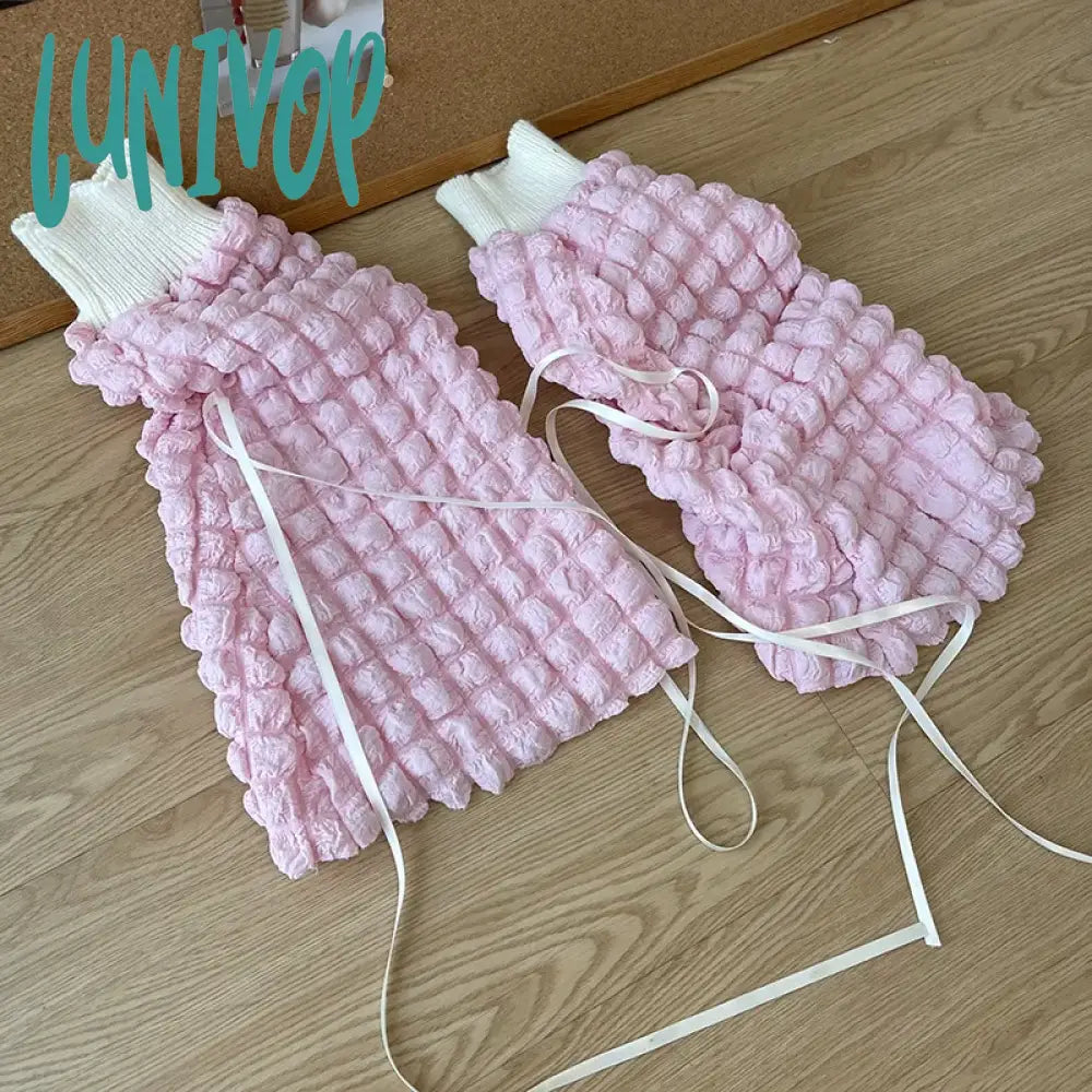 Lunivop Pink Girl Leg Warmers Y2K Cream Puff Straps Pile Socks Vintage Cloud Wide Harajuku Knitted