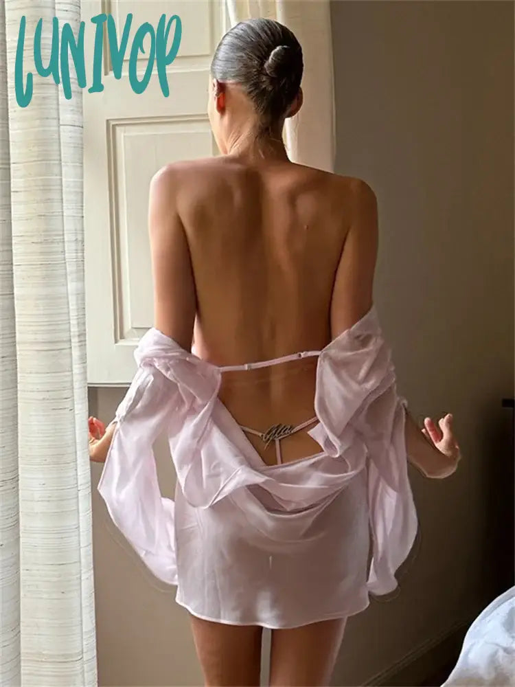 Lunivop Pink Mesh Backless Mini Dress Female See-Through Summer Sexy Long Sleeve Lace-Up V-Neck