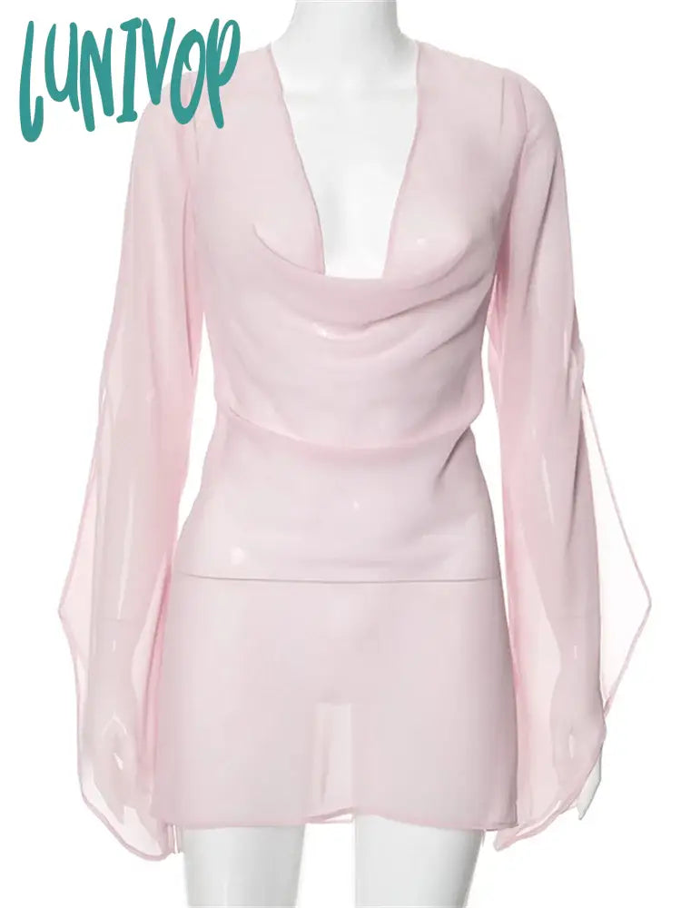Lunivop Pink Mesh Backless Mini Dress Female See-Through Summer Sexy Long Sleeve Lace-Up V-Neck