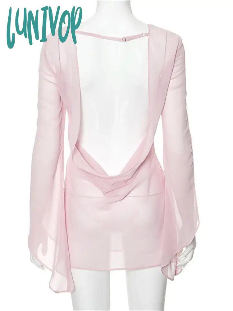 Lunivop Pink Mesh Backless Mini Dress Female See-Through Summer Sexy Long Sleeve Lace-Up V-Neck