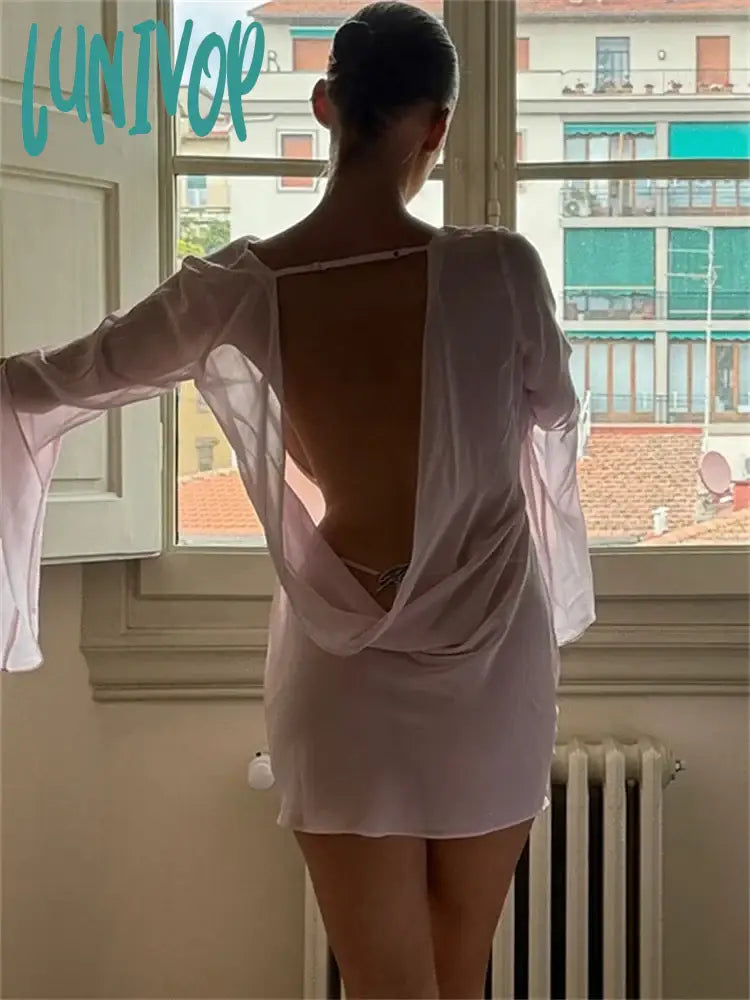 Lunivop Pink Mesh Backless Mini Dress Female See-Through Summer Sexy Long Sleeve Lace-Up V-Neck