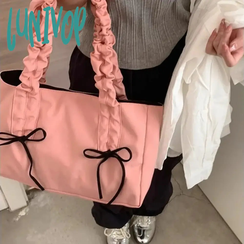 Lunivop Pink Pleated Womens Tote Bag Nylon Sweet Elegant Gentle Literary Casual Shoulder Aesthetic