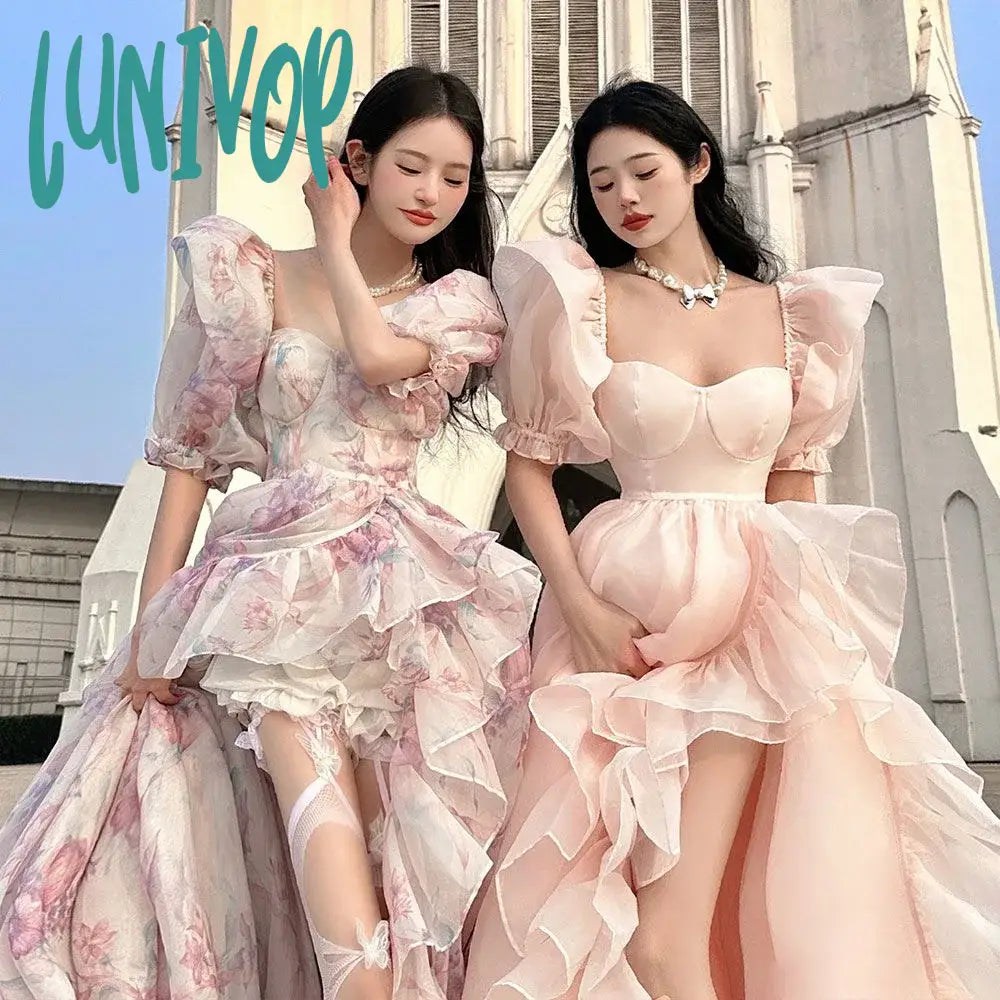 Lunivop Pink Princess Dress Women Elegant Square Collar Puff Sleeve Mesh Party High Waist Birthday