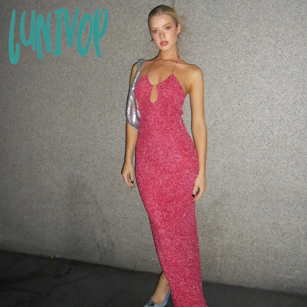 Lunivop Pink Sequined Halter Prom Maxi Dress Evening Party Hollow Out Glitter Beaded Tie-Back Slit