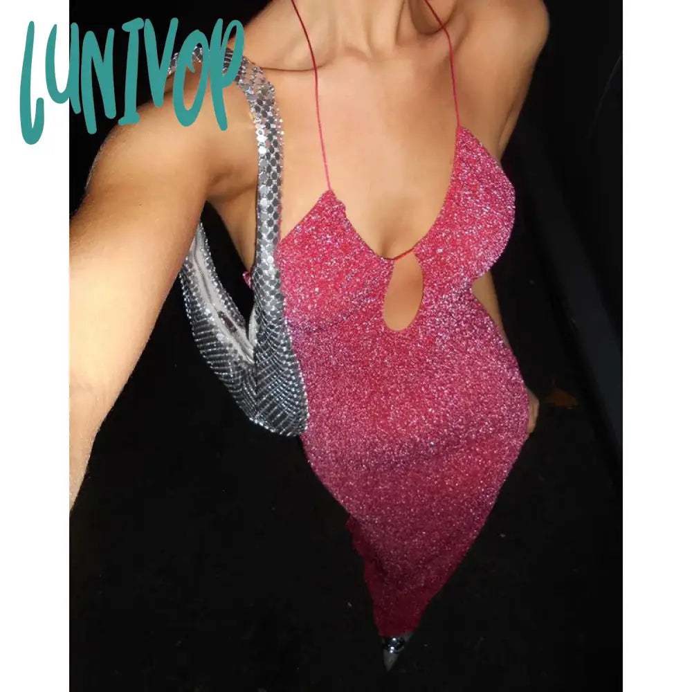 Lunivop Pink Sequined Halter Prom Maxi Dress Evening Party Hollow Out Glitter Beaded Tie-Back Slit