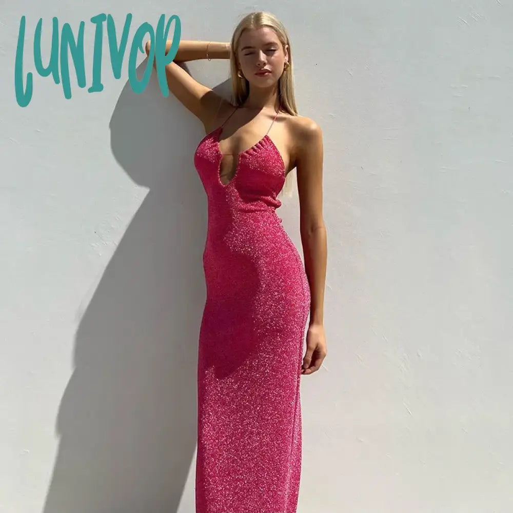 Lunivop Pink Sequined Halter Prom Maxi Dress Evening Party Hollow Out Glitter Beaded Tie-Back Slit